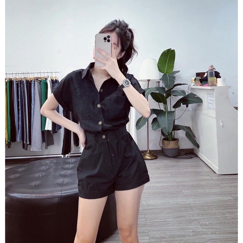 Bộ Jumpsuit kaki cổ sơ mi liền quần đùi siêu hot, Jump thô kaki quần đùi full 4 màu