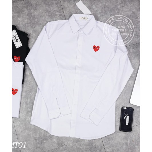 Áo sơ mi trơn cotton thêu trái tim unisex nam nữ couple cặp đôi - trắng đen 💕 *