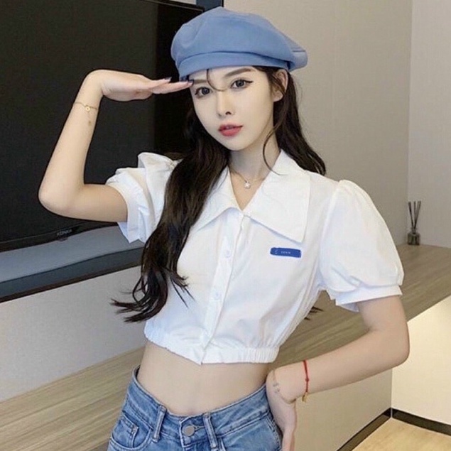 Áo Sơ Mi Nữ Kiểu Croptop Bo Chun Eo Tay Ngắn
