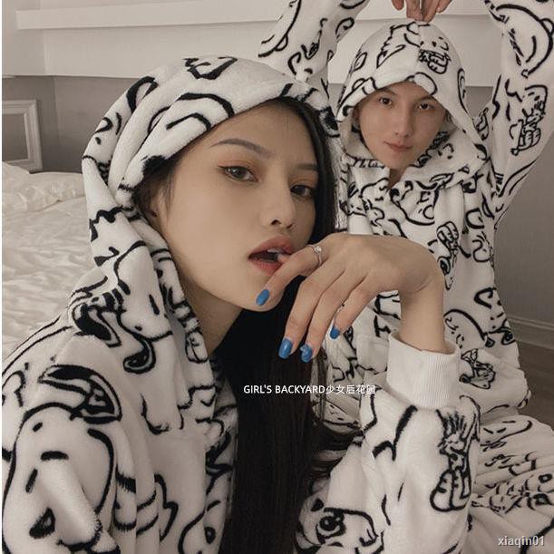 Bộ Đồ Ngủ Vải Flannel Dày In Hoạt Hình Snoopy Kiểu Nhật Bản Thời Trang Mùa Đông Cho Các Cặp Đôi