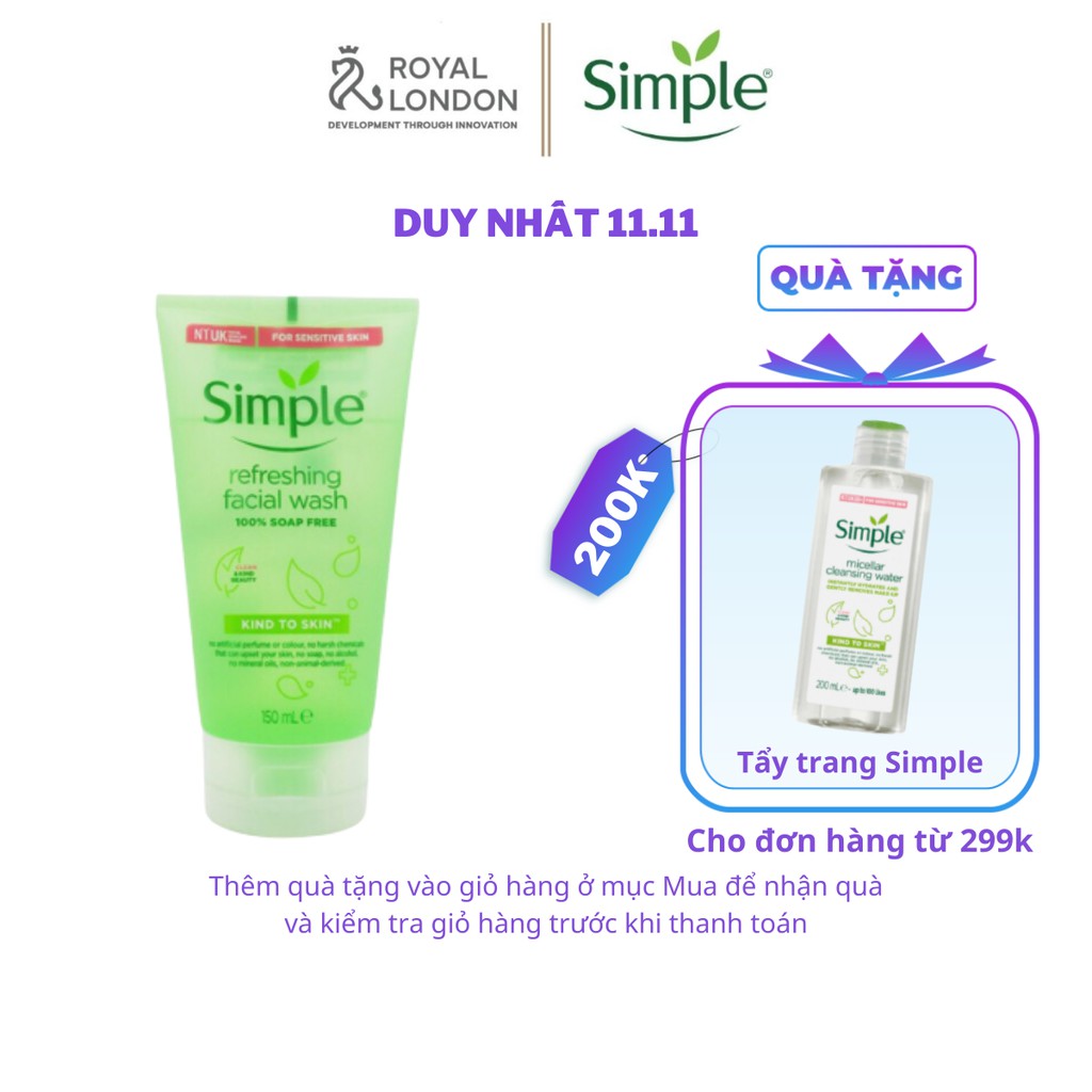 [Mã FMCGMALL -8% đơn 250K] Sữa Rửa Mặt Dịu Nhẹ Simple Kind To Skin Refreshing Facial Wash 150ml