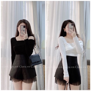 Áo thun tay dài lệch vai (đen/trắng)