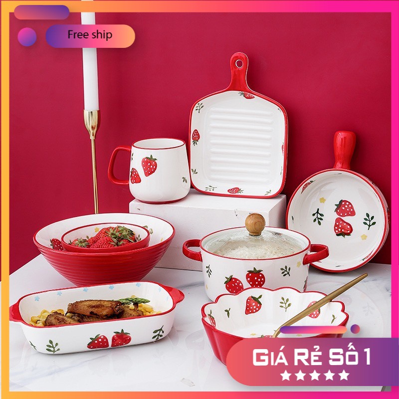 Set Bát ĐĩaDÂU TÂY 8 MÓNBát đĩa ăn cơm ăn mì, decor bàn ăn dễ thương