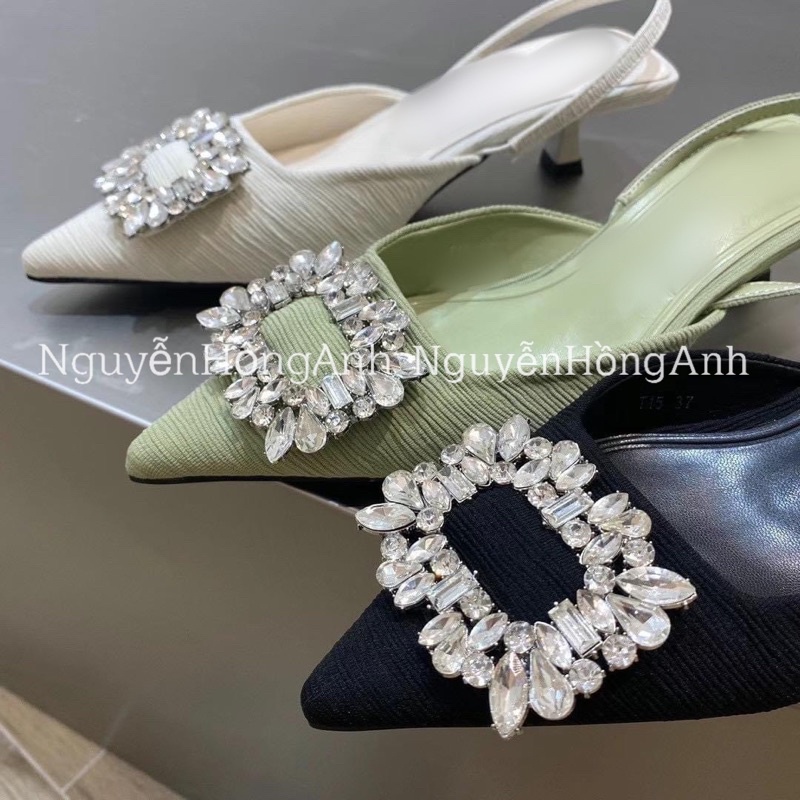 giày guốc quai hậu bít mũi hở gót đính đá chất gân gót cao 4p (FULL HỘP-hàng QC) siêu hot s199