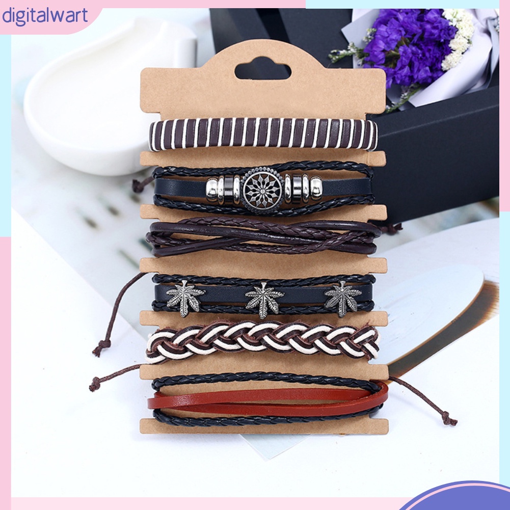 Set 6 vòng đeo tay da giả và dây bện phong cách retro thời trang dành cho nam