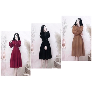 ĐẦM MIDI CỔ TÀU THẮT NƠ PHỐI NÚT [kèm ảnh thật ]