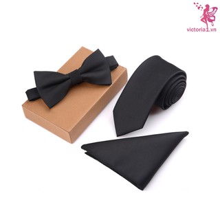 3 Pcs/Set Men Slim Tie Set Bow Tie Pocket Square Handkerchief + Bowtie + Necktie Kit Men's Gifts