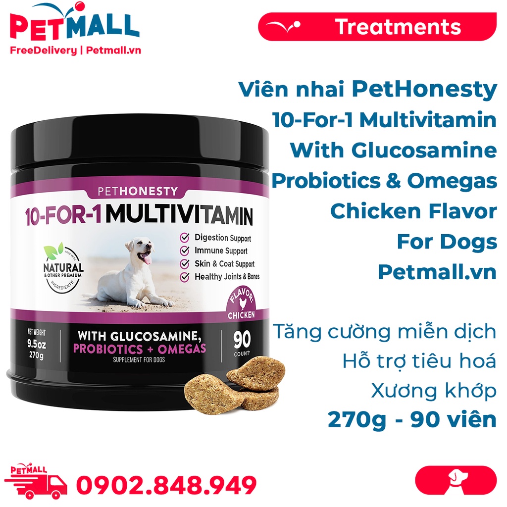 Viên nhai PETHONESTY 10-For-1 Multivitamin with Glucosamine, Probiotics & Omegas Chicken Flavor for Dog 270g - 90 viên