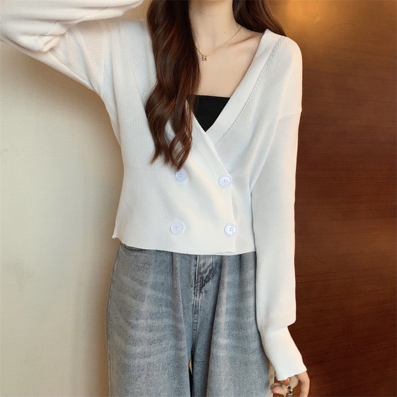 Có sẵn - Áo len dệt kim dài tay nút chéo freesize dưới 60kg