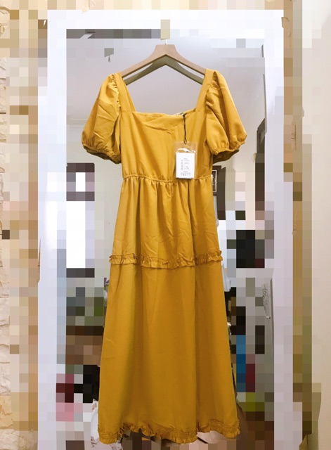 Váy xinh cổ vuông tay bồng dáng dài vintage chất siu đẹp 2 màu vàng/nude