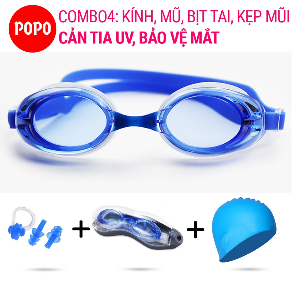Bộ Kính bơi Mũ bơi trơn, Bịt tai kẹp mũi POPO 1153 mắt kính trong chống tia UV hạn chế sương mờ