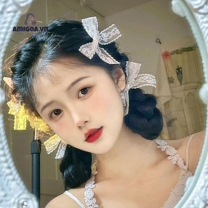 ✨✨Kẹp tóc thắt nơ bằng vải ren màu trắng đơn giản dễ thương dành cho nữ