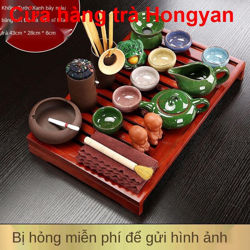 Vần cổKung Fu Tea Set Home Trọn bộ khay trà gỗ nguyên khối, ấm cát tím, cốc, ly sứ, phụ kiện đạo, bàn
