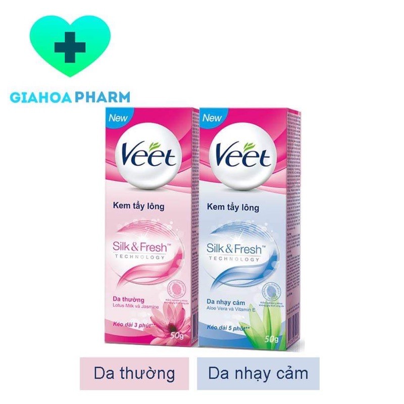 Kem tẩy lông Veet Silk Fresh 50g cho da thường / da nhạy cảm, dưỡng ẩm da (Wax lông nách, tay, chân, vùng kín, bikini)