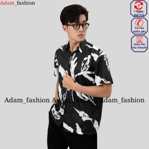Áo Sơ Mi Nam Ngắn Tay Họa Tiết , Vải Lụa Form Regular họa tiết lá Adam_fashion