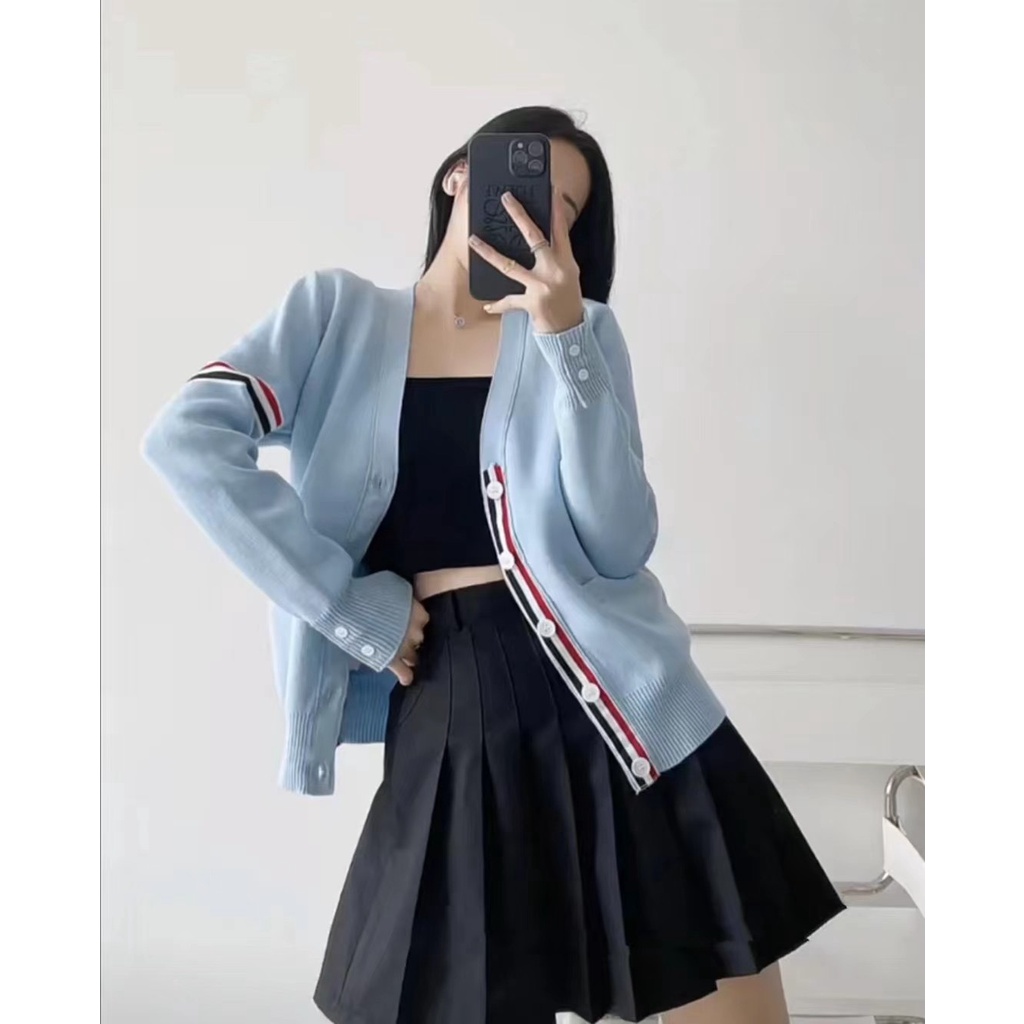 Áo khoác len cardigan dài tay phối túi nữ thời trang cao cấp Thom Browne phong cách trẻ trung