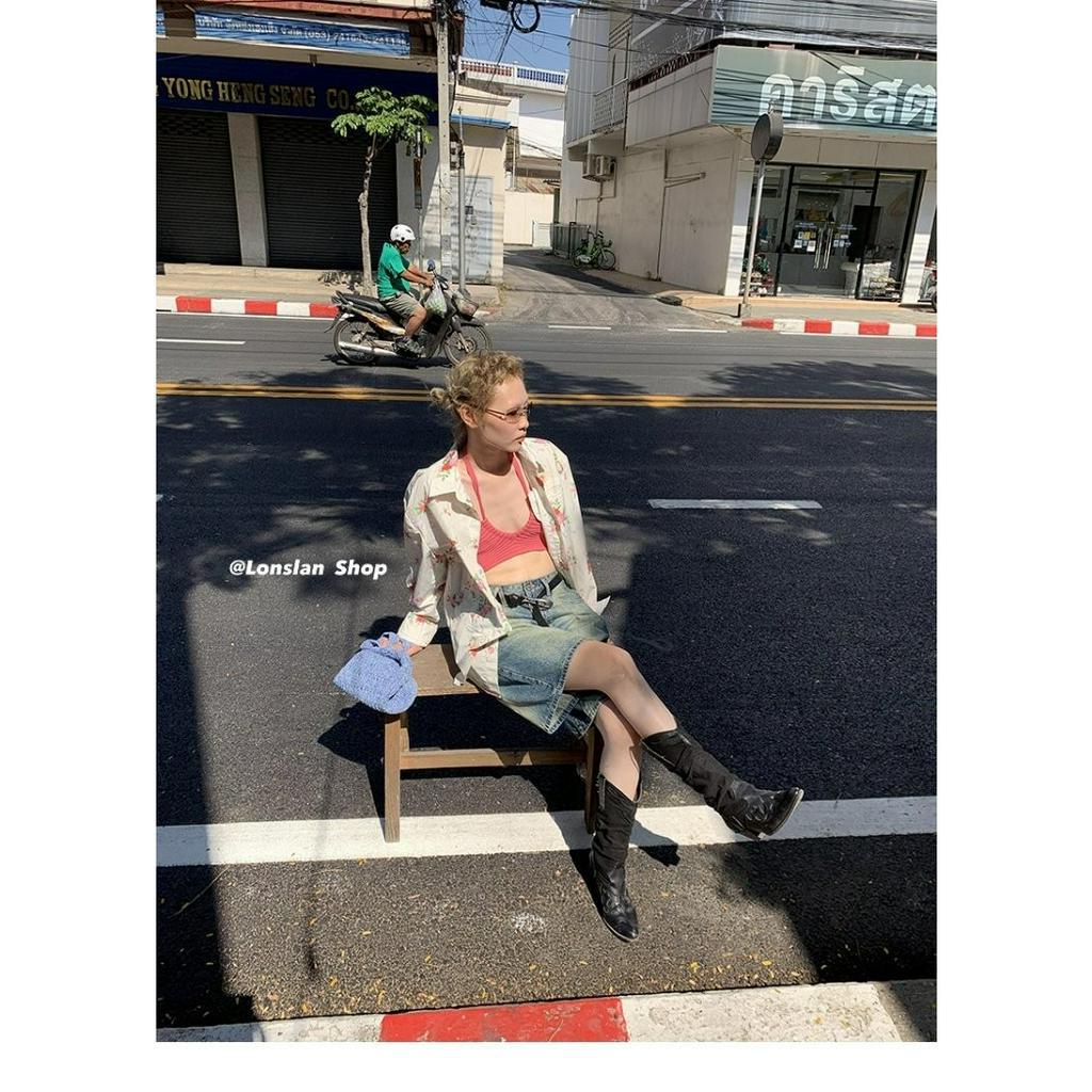 Fine Studio Quần Short Jean Lưng Cao Ống Rộng Dáng Suông Màu Gradient Mùa Hè Cho Nữ