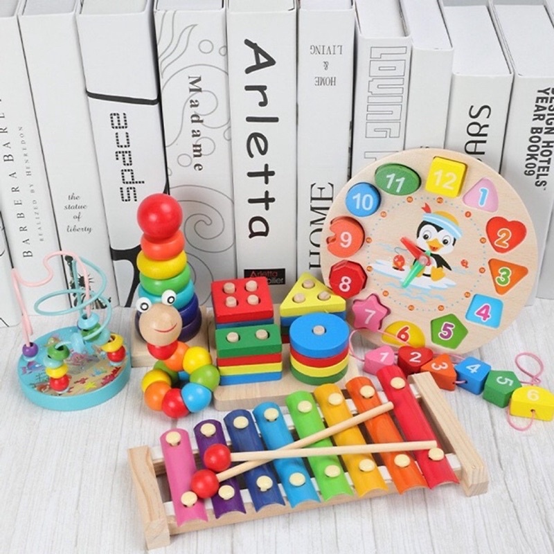 Combo 8 món đồ chơi phát triển trí tuệ bằng gỗ an toàn cho bé - đồ chơi thông minh Bi House