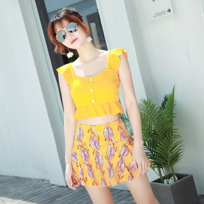 Bộ Đồ Bơi Nữ 2 Mảnh Áo Croptop Chân Váy Cạp Cao Kèm Quần Mặc Trong ་