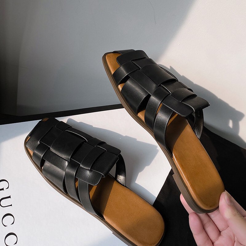 Giày sục nữ mũi vuông dáng đan đế bằng bệt hot trend kiểu mới 008
