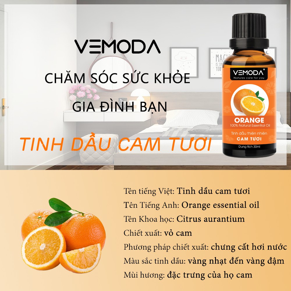 Tinh dầu Cam tươi nguyên chất Vemoda 50ML giúp thư giãn, giảm căng thẳng, khử mùi, thanh lọc không khí, đuổi muỗi hiệuả