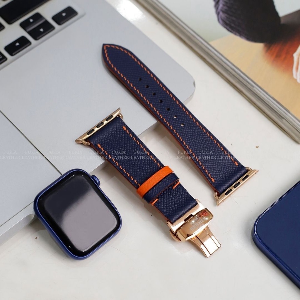 Dây da thủ công Epsom Xanh Navy Mix Cam dành cho Apple Watch, đồng hồ thông minh, đồng hồ cơ