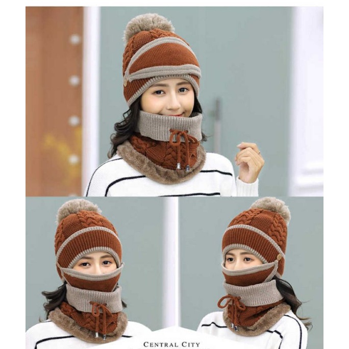 Mũ len nữ nón giữ ấm tặng kèm khăn choàng cổ khẩu trang y hình thời trang Hàn Quốc 