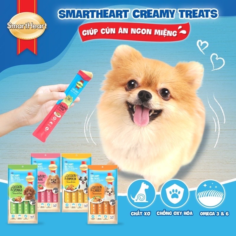 SÚP THƯỞNG- THANH THƯỞNG- THANH DINH DƯỠNG CHO CHÓ SMARTHEART CREAMY DOG TREATS 15Gx4 (DẠNG THANH)