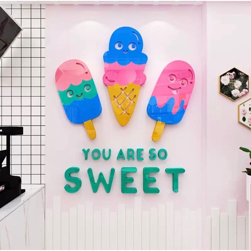 Tranh dán tường mica kem sweet trang trí quán kem, dán tủ lạnh