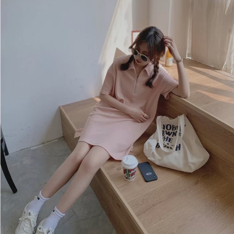 Váy thun polo nữ chất tổ ong - Đầm polo nữ cổ phối khoá kéo, dáng suông, 4 màu trơn basic TRẮNG | ĐEN | HỒNG | XANH