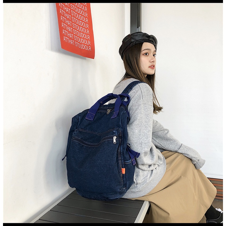 Balo denim vải bò cao cấp hàng loai 1 dặn dáng vuông phong cách retro Unisex cho nam và nữ