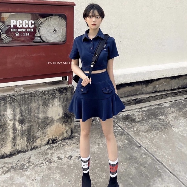 Bộ Áo Polo Chân Váy Tenis Nữ Xanh 🦋 Set Áo Polo Thêu Hình Cộc Tay Kèm Chân Váy Ngắn Xòe 🦋