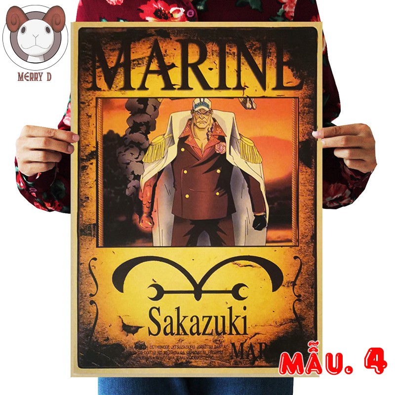 Poster 51x36cm One Piece Team Hải Quân Vintage - Hình Vua Hải Tặc - Garp, Sengoku, Fujitora, Akainu, Aokiji, Kizaru