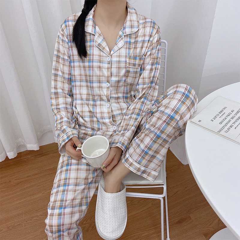 Bộ ngủ Pijama dài tay thu đông cao cấp đồ bộ mặc nhà mùa thu đông phong cách Hàn Quốc họa tiết kẻ caro JALJA Set02 | BigBuy360 - bigbuy360.vn