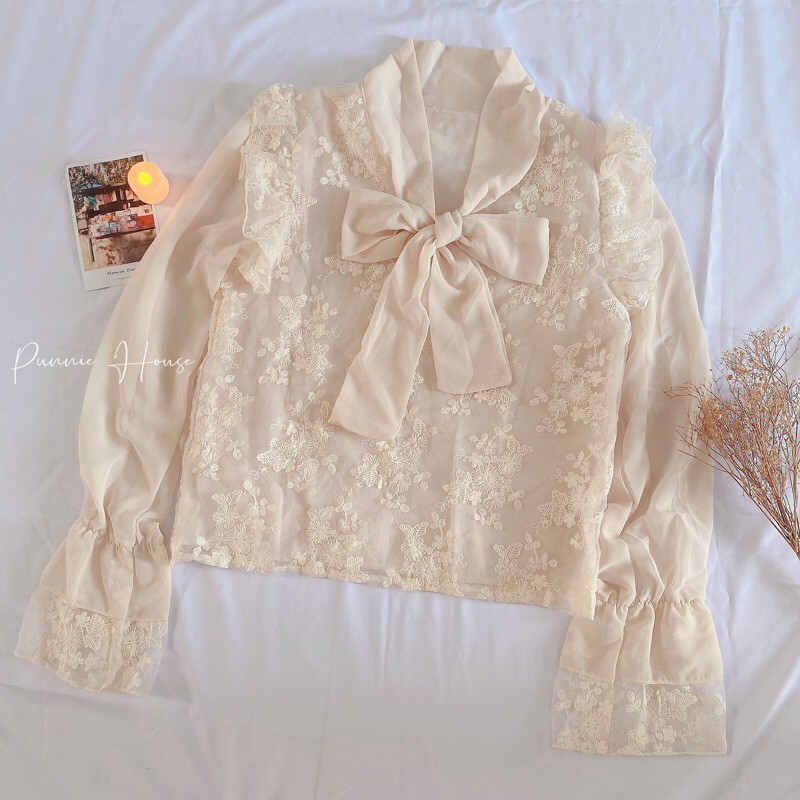 [SẴN] ✨ ÁO KIỂU THẮT NƠ VIỀN REN VAI 🎀[Có Ảnh Thật]🎀 MÀU BE PHONG CÁCH VINTAGE NHẸ NHÀNG DỄ THƯƠNG | BigBuy360 - bigbuy360.vn