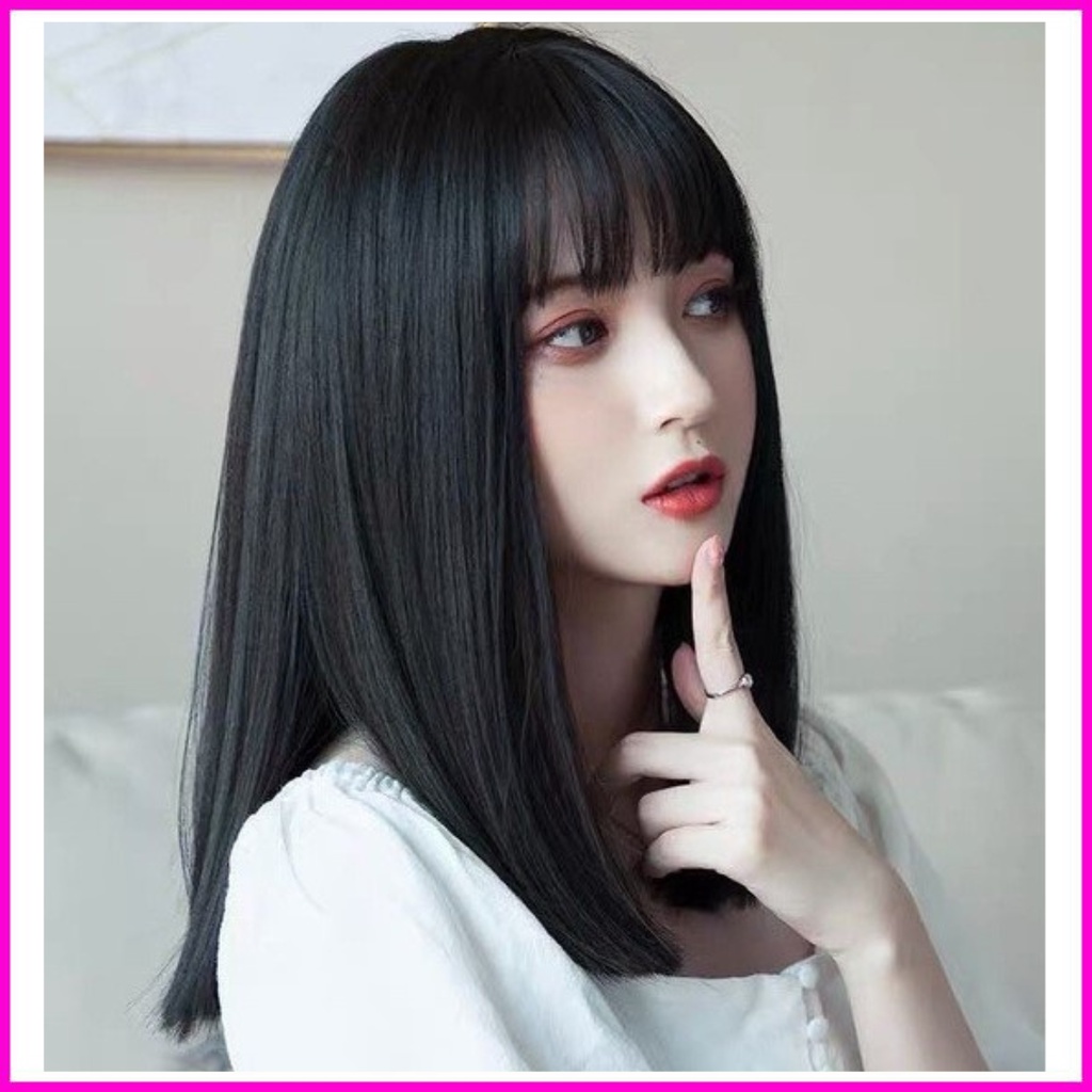 Tóc giả cả đầu thẳng ngắn 35cm phong cách Hàn Quốc tặng lưới đội