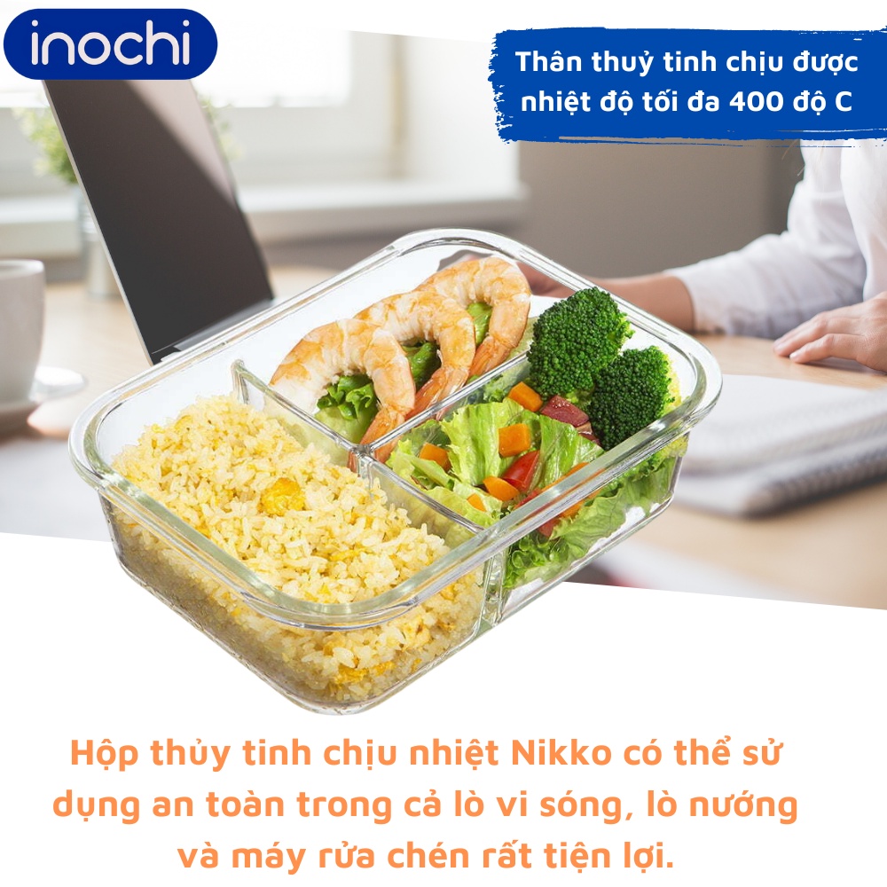 Hộp cơm văn phòng bằng thủy tinh chia ngăn chống tràn dùng được trong lò vi sóng inochi