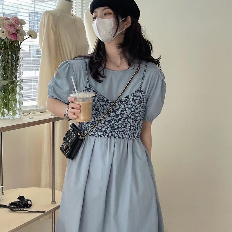 Set Đầm Hai Dây In Họa Tiết Hoa Nhí Xinh Xắn Thời Trang Hè 2022 Phong Cách Hồng Kông Cổ Điển Cho Nữ