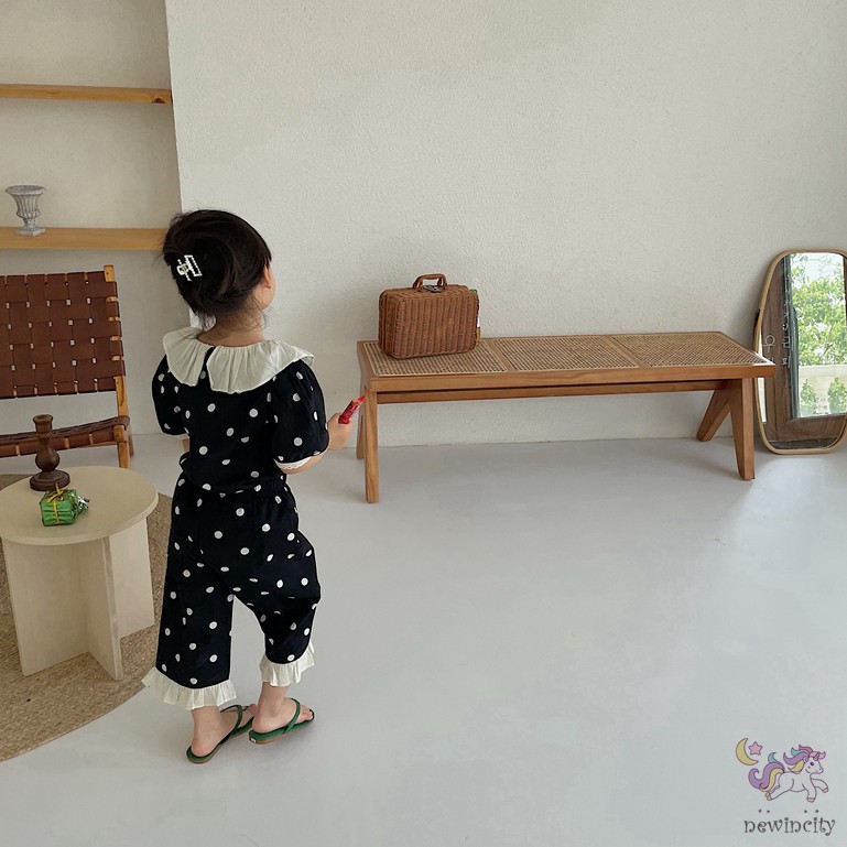 Bộ Áo Thun Tay Ngắn Phối Ren Họa Tiết Chấm Bi + Quần Dài Kiểu Hàn Quốc Thời Trang Mùa Hè Cho Bé Gái