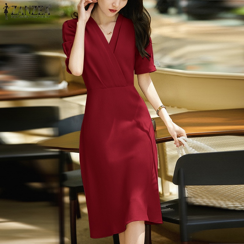 Đầm ôm ZANZEA tay phồng cổ chữ V thời trang thanh lịch