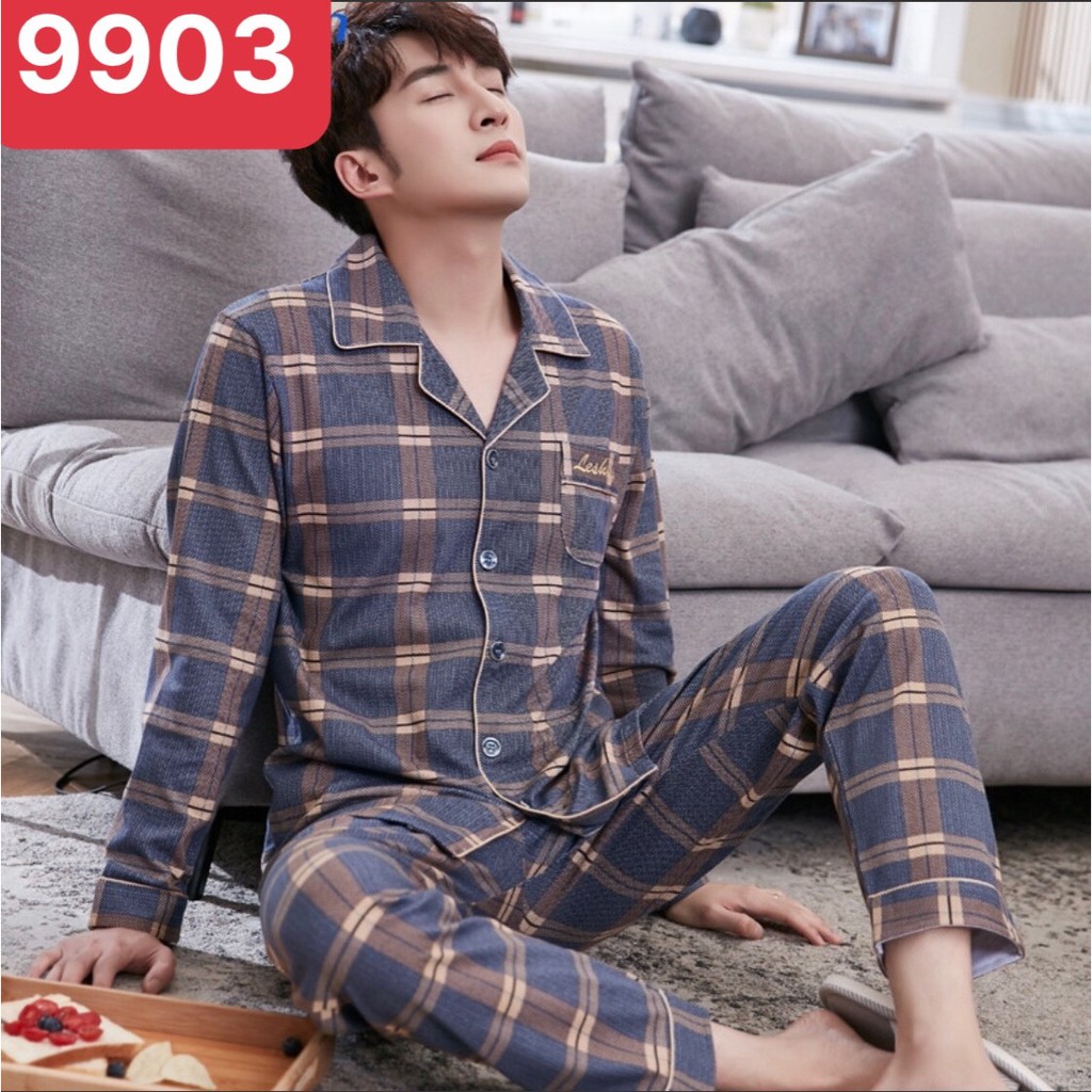Đồ mặc nhà dài tay nam mã 9903 chất cotton 100% - Đồ bộ Pijama nam cổ V (Hàng có sẵn+Video shop tự quay)