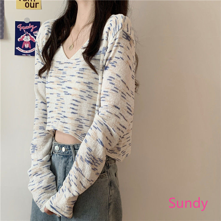 Áo Croptop Tay Dài Cổ V Màu Nhuộm Theo Phong Cách Hàn Quốc