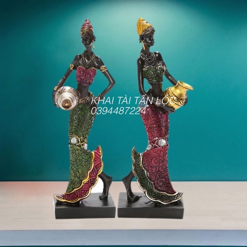 Bộ 2 tượng cô gái Châu Phi cầm bình nước trang trí cao 17cm