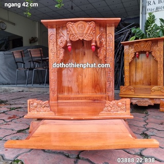 Bàn thờ thần tài ông địa gỗ xoan ngang 42cm chân quỳ kèm đôn gỗ mẫu mới