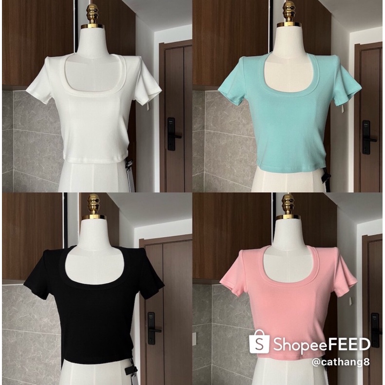 Áo cổ U hot hit, áo thun nữ cổ vuông tròn ngắn tay 100% cotton A215