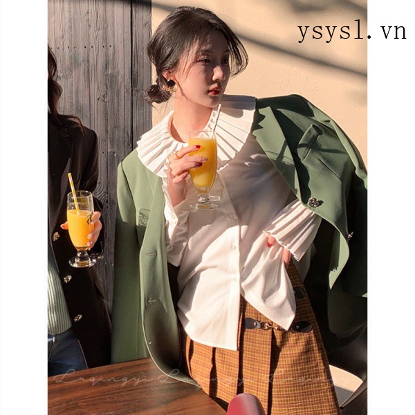 Áo Sơ Mi Tay Dài Cổ Búp Bê Viền Bèo Màu Trắng Phong Cách Retro Thời Trang Cho Nữ