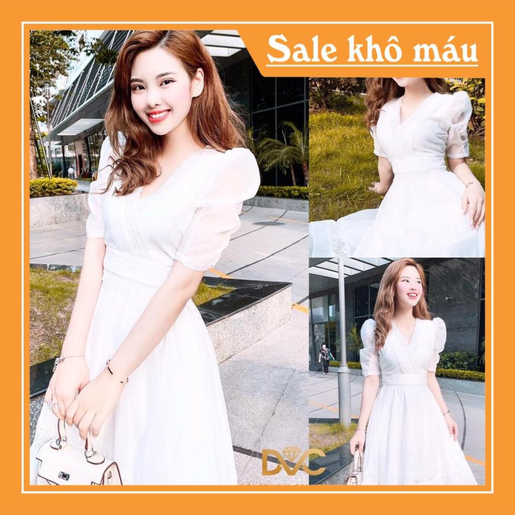 Váy trắng dáng xòe cổ V tay phồng V1932  - Váy trắng dáng xòe cổ V tay phồng, Nữ Tính  ❤️NMC SHOP❤️