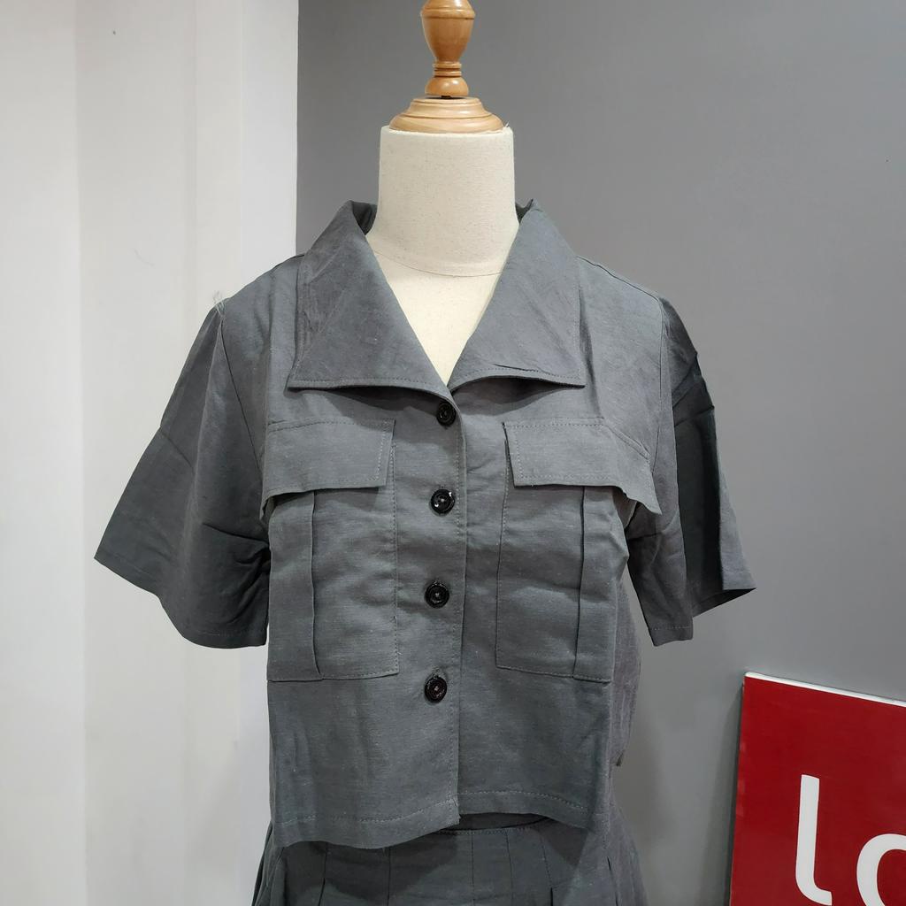 Set Đồ Nữ, Ngắn Tay, Cách Điệu Áo Vest, Quần Có Khóa Kéo Sau, Màu Xanh / Xám - Lovadova 22D04C002