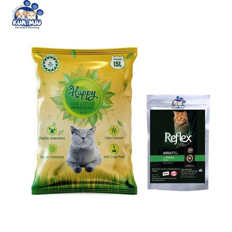 Combo cát Happy 15L vàng cafe (7.6kg) + 0.5kg Reflex plus adult vị gà
