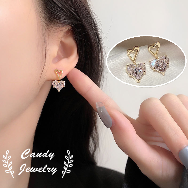 Bông tai hình trái tim đính đá zircon phong cách Hàn Quốc